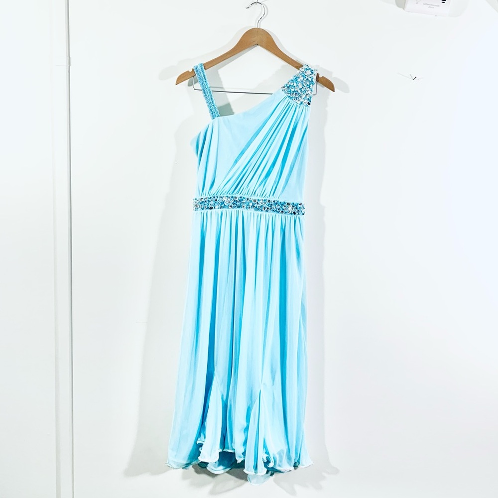 Asymmetrical Rhinestones Detail Vintage Dress in Blue